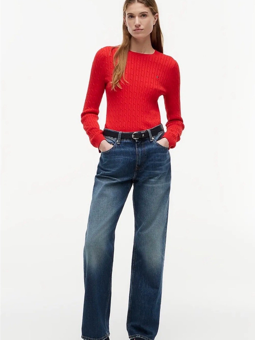 Tommy Hilfiger Red Ribbed Long Sleeve Sweater with Shoulder Buttons Crew Neck